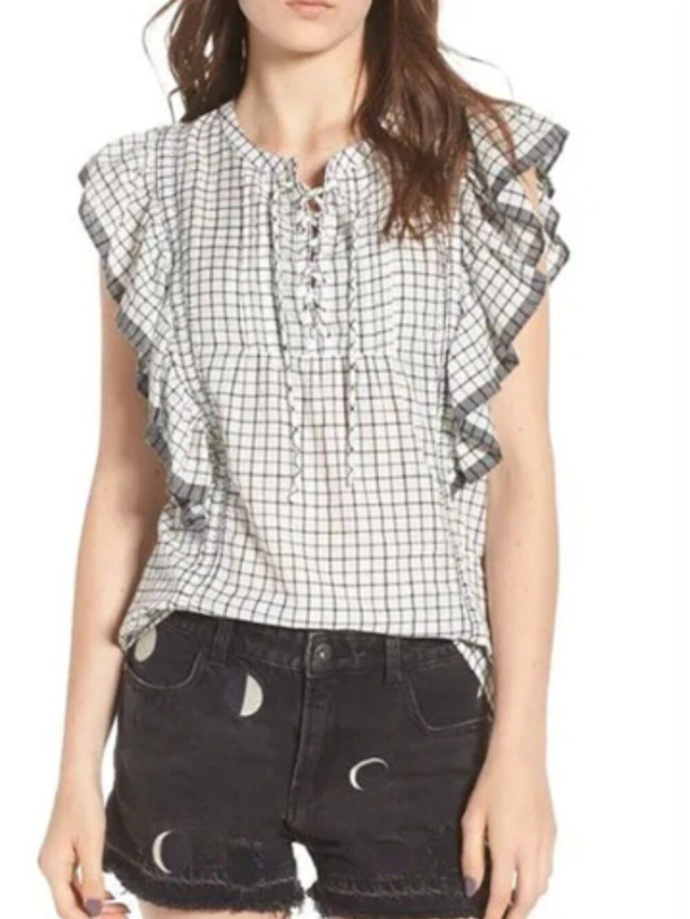 Scotch & Soda Black & White Check Print Ruffle Lace Up Blouse Size M